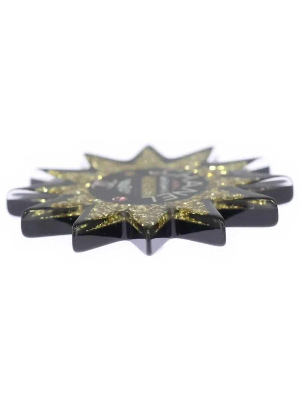 Chanel Sun Motif Rhinestone Brooch Pin Badge Black Yellow Resin Strass